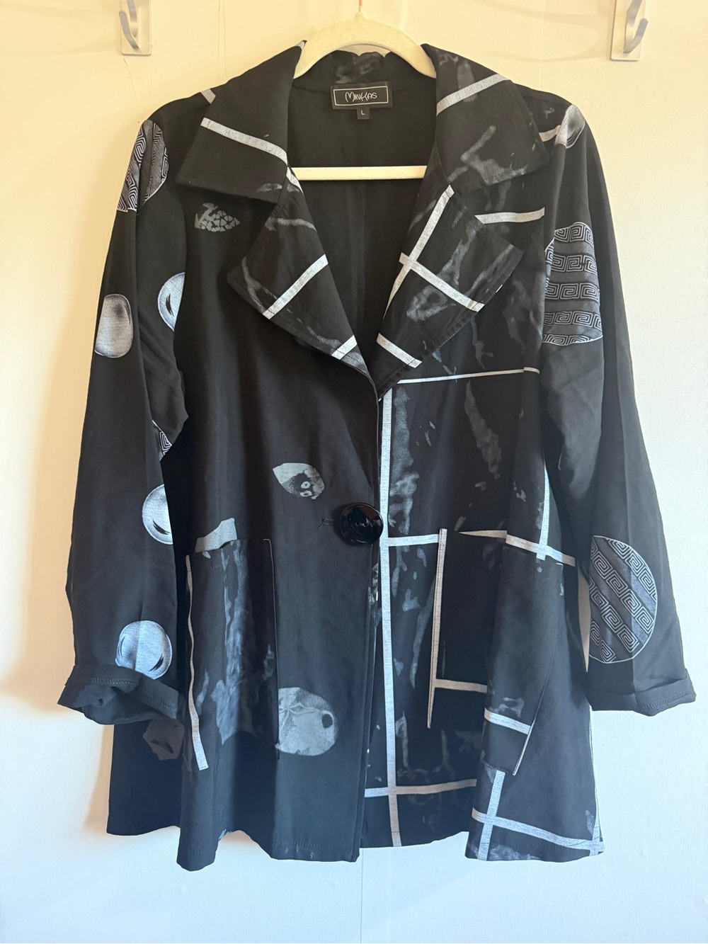 Minkas L Black Abstract Art Print Long Jacket Blazer Lagenlook Artsy